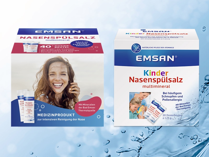 Emsan Nasenspülsalz multimineral und Kindernasenspülsalz multimineral Eine Packung Emsan® Nasenspülsalz multimineral sowie eine Packung Emsan® Kindernasenspülsalz multimineral.
