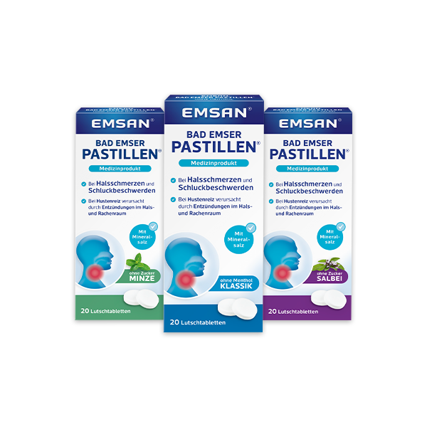 Die Packungen aller drei Sorten Emsan® Bad Emser Pastillen® im neuen Look