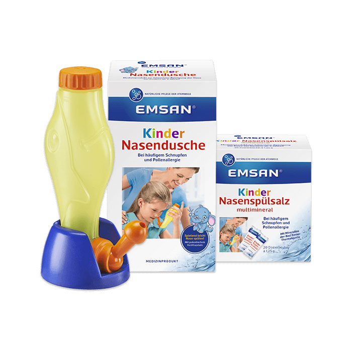 Emsan® Kindernasendusche und Nasenspülsalz multimineral Packung der Emsan® Kindernasendusche und des Nasenspülsalz multimineral